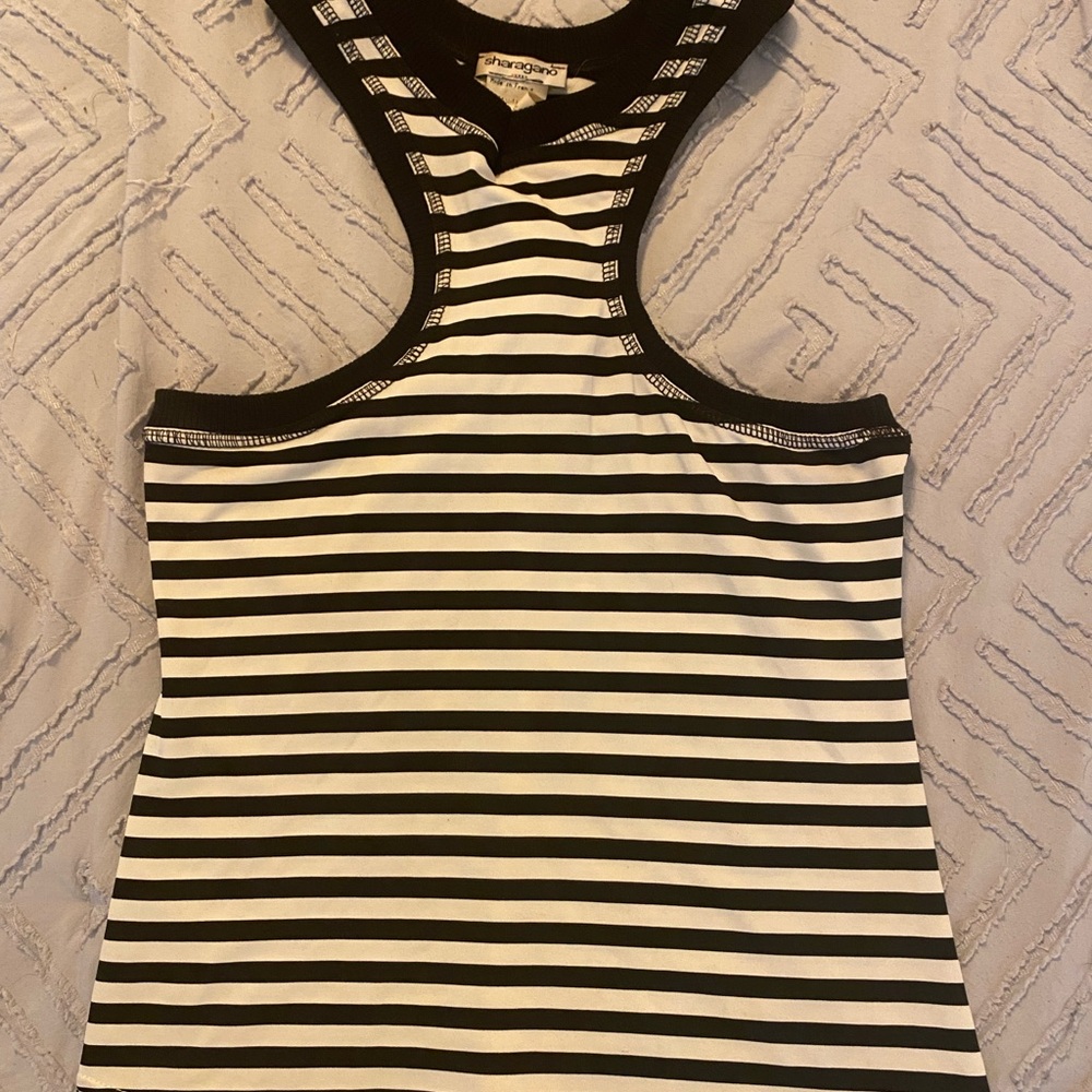 Sharagano Y2K Medium Black and White Striped Bare Shoulder Grunge Goth Tank Top
